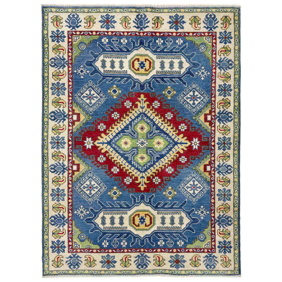 Blue Afghan Kazak Rug 3' 10" x 5' 10" Hand-Knotted