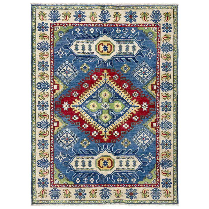 Blue Afghan Kazak Rug 3' 10" x 5' 10" Hand-Knotted