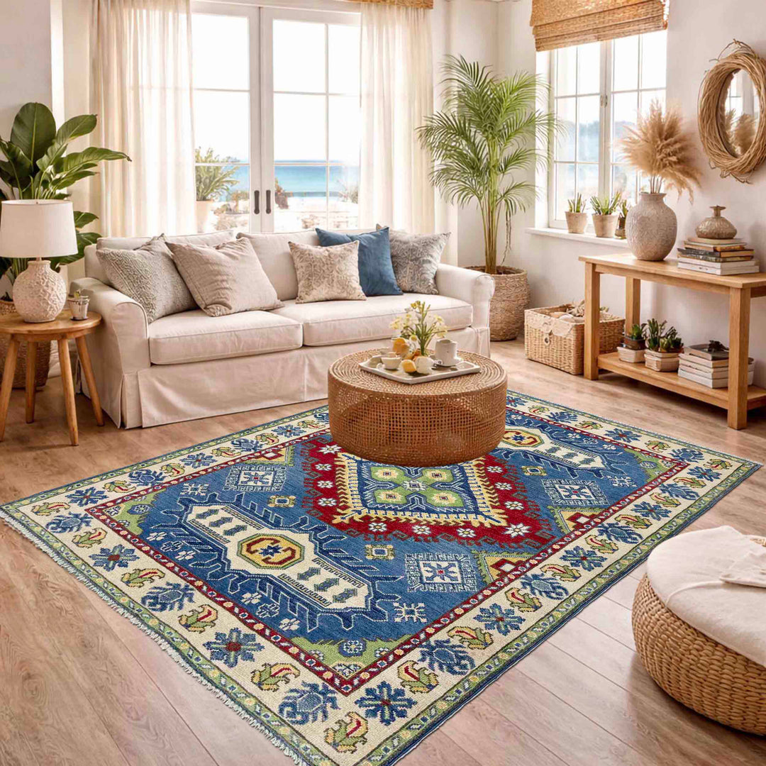 Blue Afghan Kazak Rug 3' 10" x 5' 10" Hand-Knotted reverse