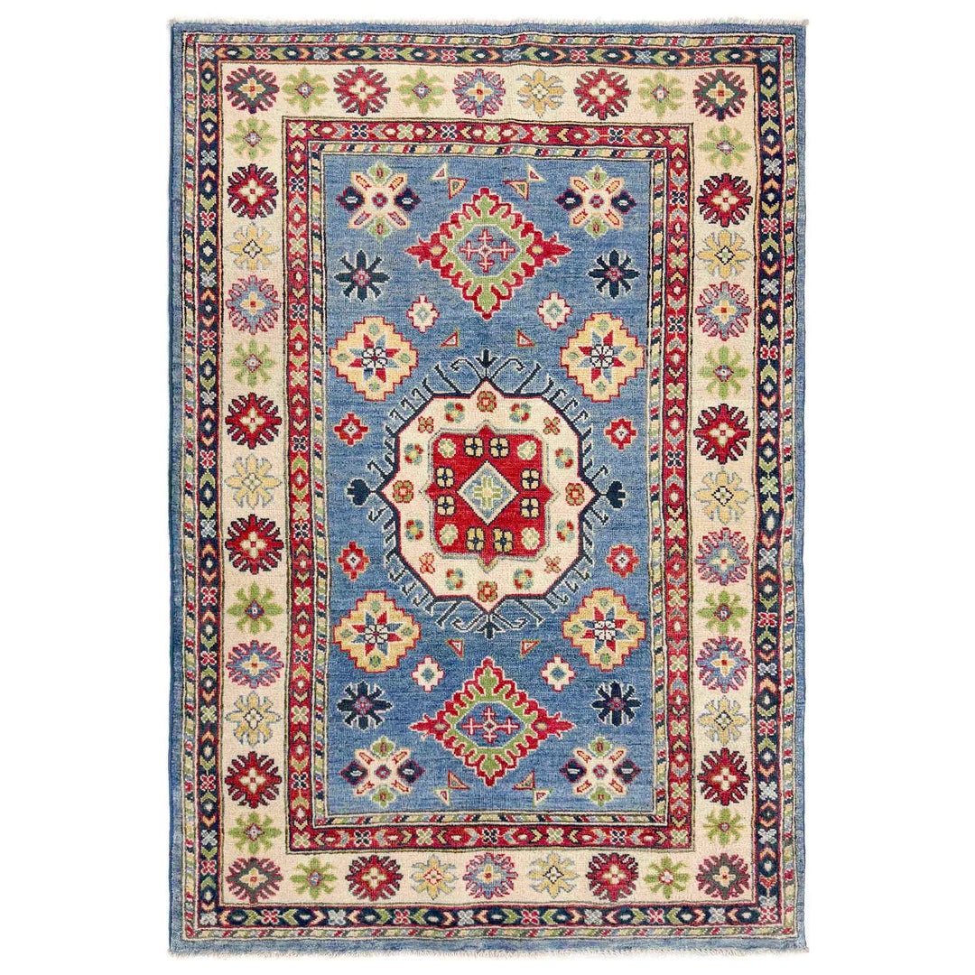 Blue Afghan Kazak Rug 3' 8" x 5' 11" Hand-Knotted
