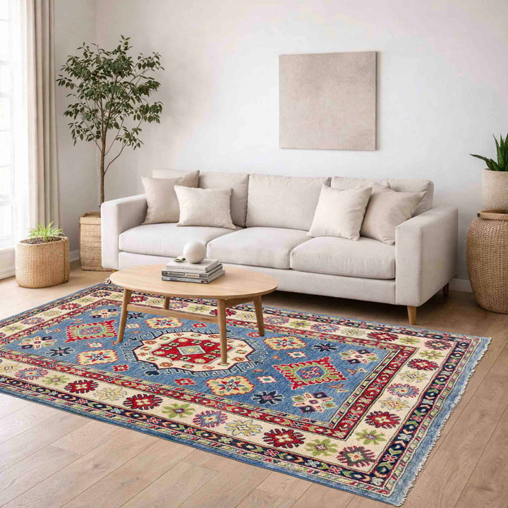 Blue Afghan Kazak Rug 3' 8" x 5' 11" Hand-Knotted reverse