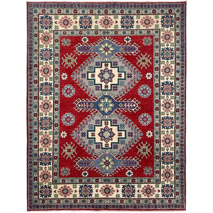 Red Afghan Kazak Rug 4' 11" x 6' 5" Hand-Knotted