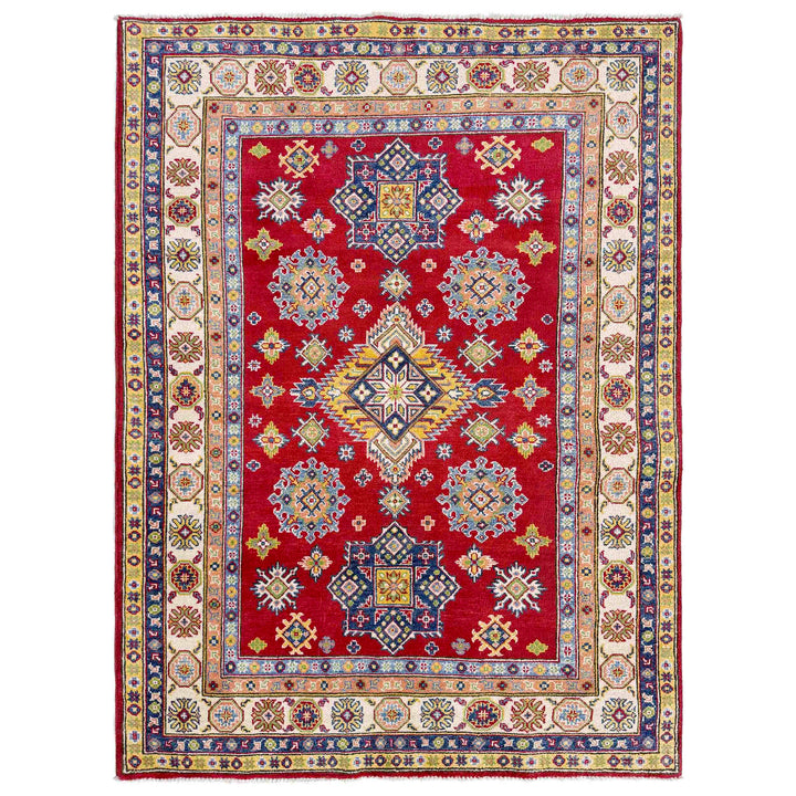 Red Afghan Kazak Rug 4' 8" x 6' 7" Hand-Knotted