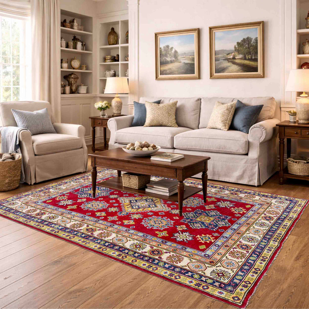 Red Afghan Kazak Rug 4' 8" x 6' 7" Hand-Knotted reverse
