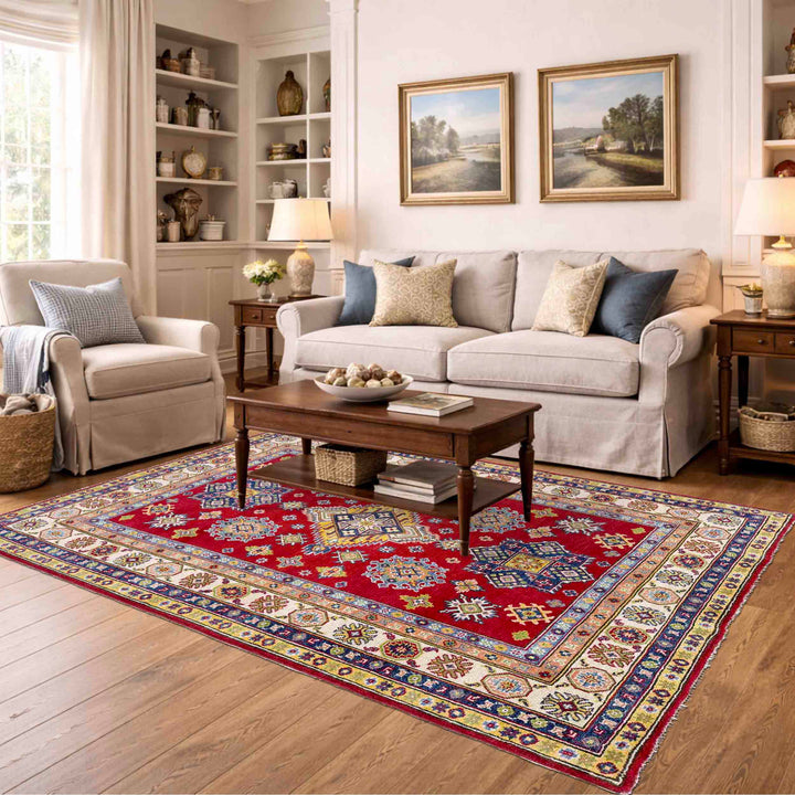 Red Afghan Kazak Rug 4' 8" x 6' 7" Hand-Knotted reverse