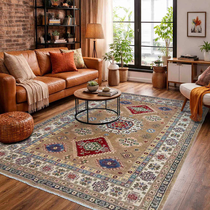 Orange Afghan Kazak Rug 4' 11" x 7' 1" Hand-Knotted | No. AL366236