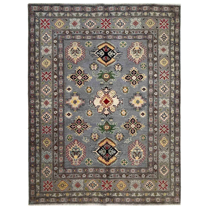 Gray Afghan Kazak Rug 4' 9" x 6' 4" Hand-Knotted | No. AL210074