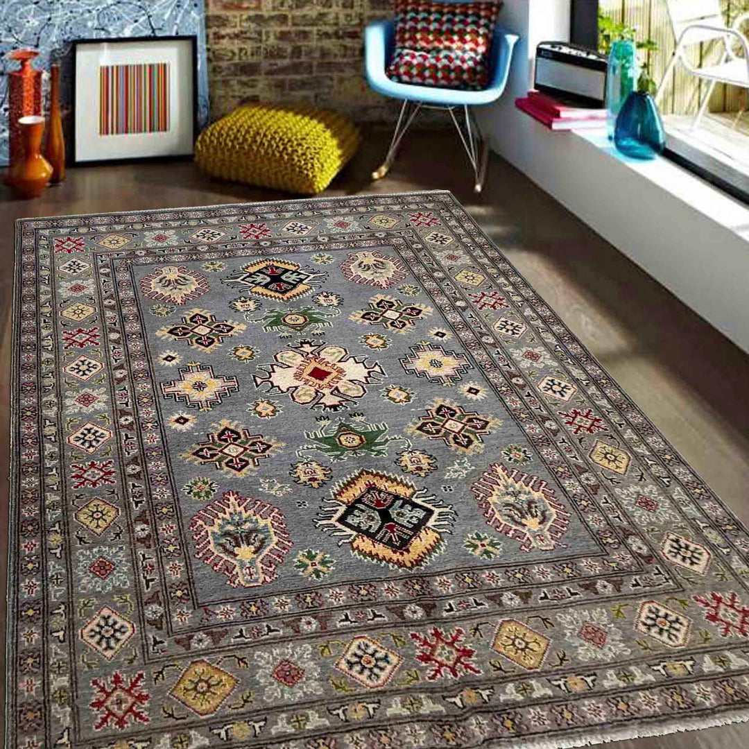 Gray Afghan Kazak Rug 4' 9" x 6' 4" Hand-Knotted | No. AL210074