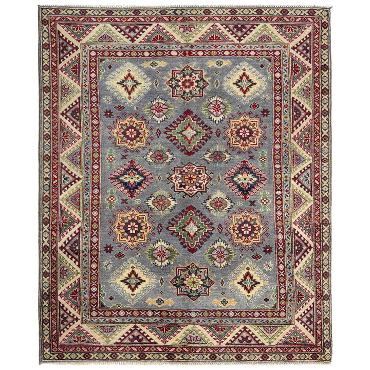 Gray Afghan Kazak Rug 4' 9" x 6' 7" Hand-Knotted