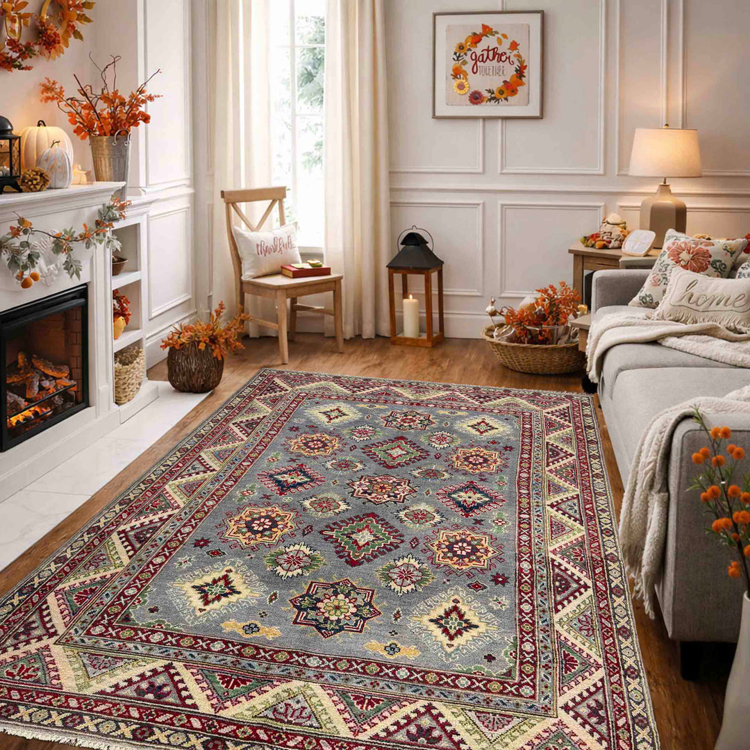 Gray Afghan Kazak Rug 4' 9" x 6' 7" Hand-Knotted texture