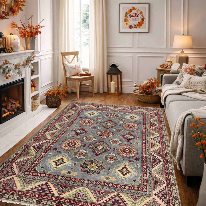 Gray Afghan Kazak Rug 4' 9" x 6' 7" Hand-Knotted texture