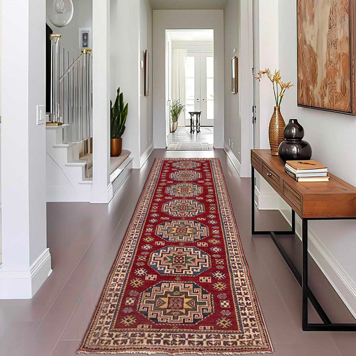 Red Afghan Kazak Runner Rug 2' 8" x 8' 4" Hand-Knotted texture