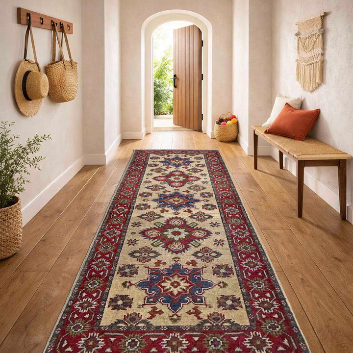 Beige Afghan Kazak Rug 2'1" x 5'9" Hand-Knotted | No. AL67900