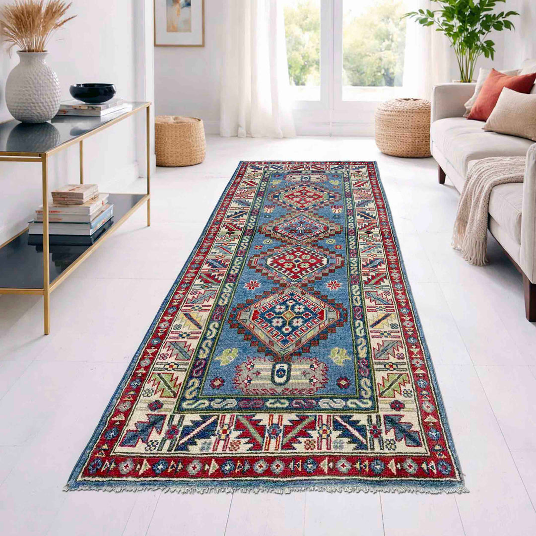 Blue Afghan Kazak Rug 2' 7" x 6' 7" Hand-Knotted | No. AL93455