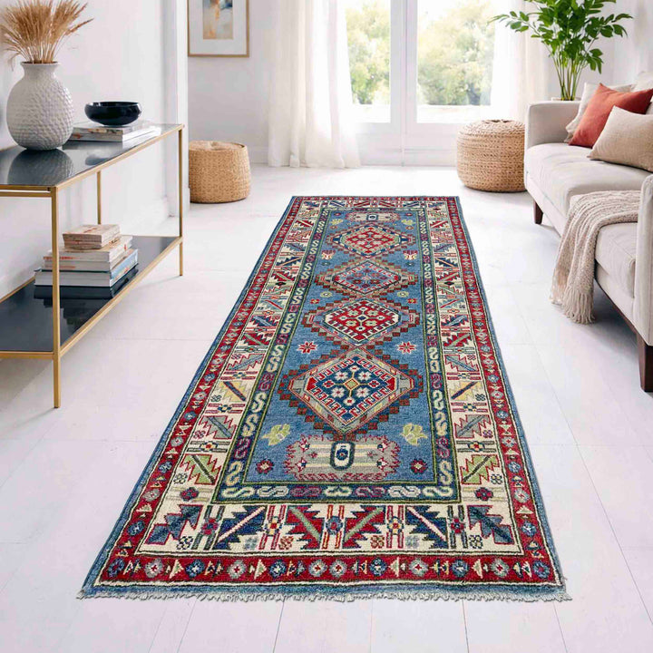 Blue Afghan Kazak Rug 2' 7" x 6' 7" Hand-Knotted | No. AL93455