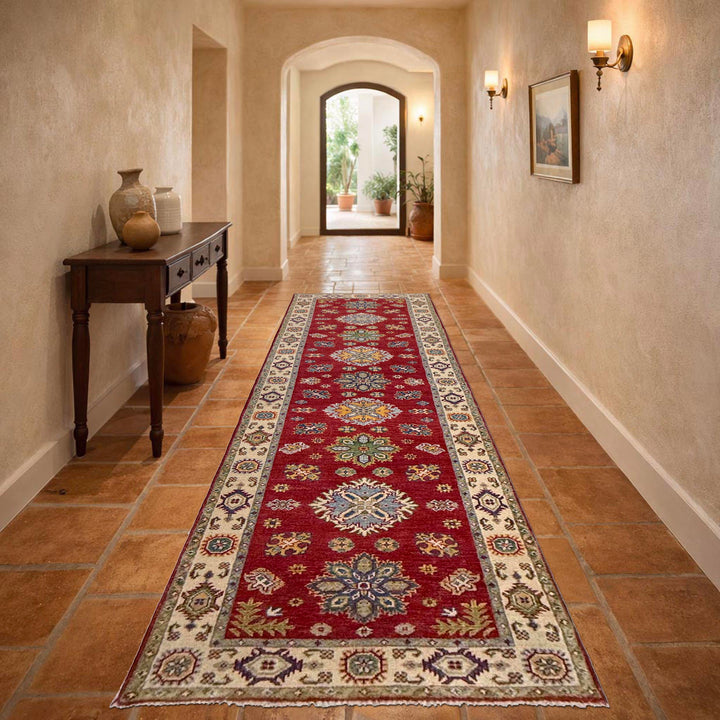 Red Afghan Kazak Rug 2' 8" x 9' 9" Hand-Knotted reverse