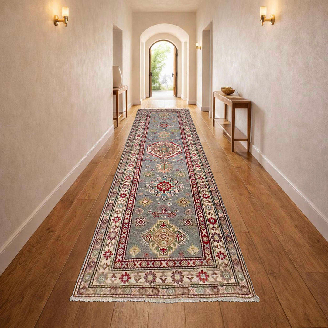 Gray Afghan Kazak Rug 2' 7" x 9' 7" Hand-Knotted reverse