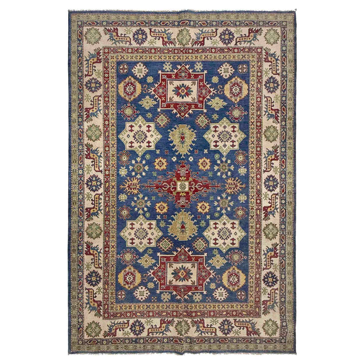 Blue Afghan Kazak Rug 6' 6" x 10' 4" Hand-Knotted | No. AL60239