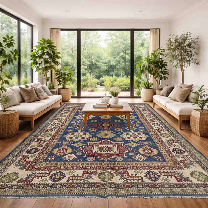 Blue Afghan Kazak Rug 6' 6" x 10' 4" Hand-Knotted | No. AL60239