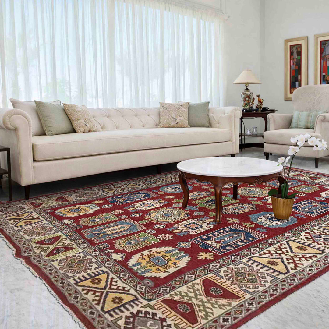 Red Afghan Kazak Rug 6' 6" x 10' 1" Hand-Knotted texture