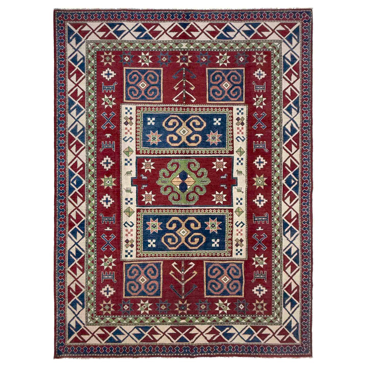 Red Afghan Kazak Rug 6' 4" x 9' 7" Hand-Knotted