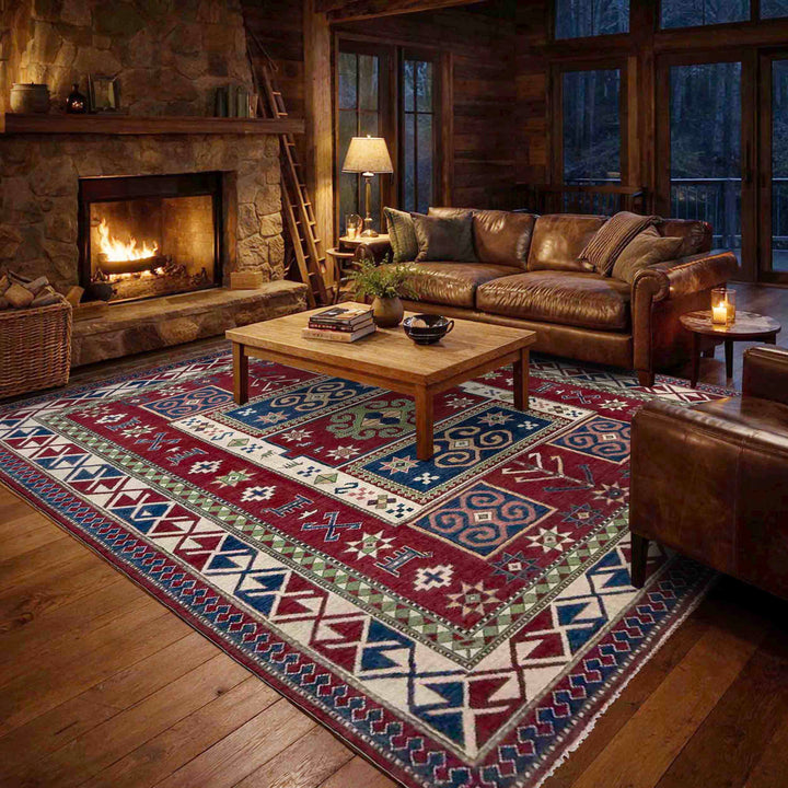 Red Afghan Kazak Rug 6' 4" x 9' 7" Hand-Knotted texture