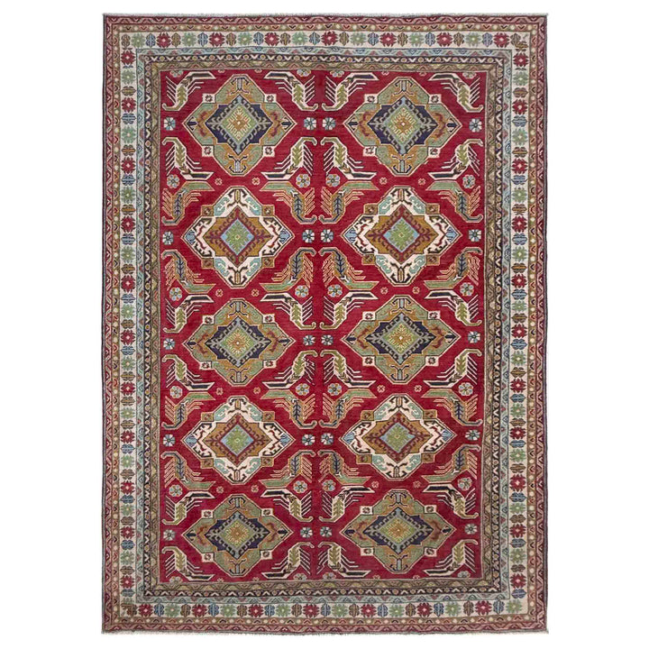 Red Afghan Kazak Rug 6' 4" x 9' 7" Hand-Knotted | No. AL45800