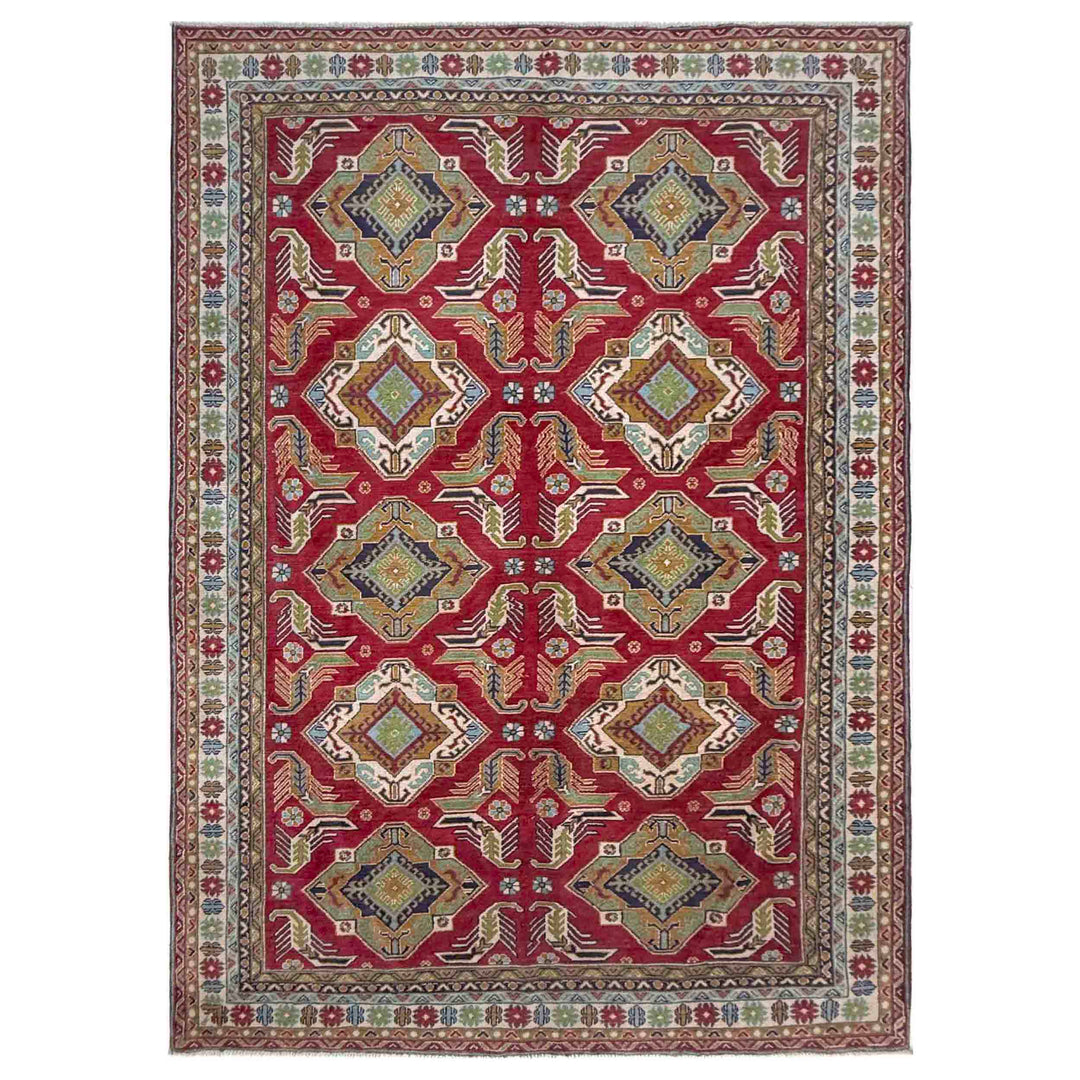Red Afghan Kazak Rug 6' 4" x 9' 7" Hand-Knotted