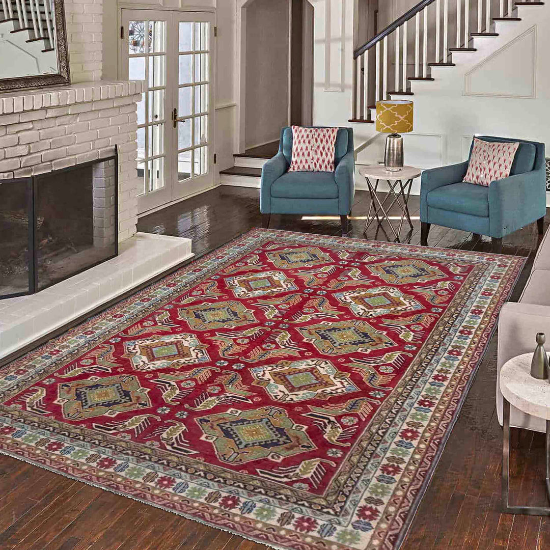 Red Afghan Kazak Rug 6' 4" x 9' 7" Hand-Knotted | No. AL45800