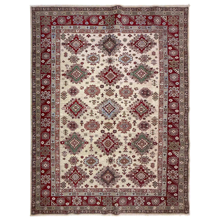 Beige Afghan Kazak Rug 6' 7" x 9' 5" Hand-Knotted