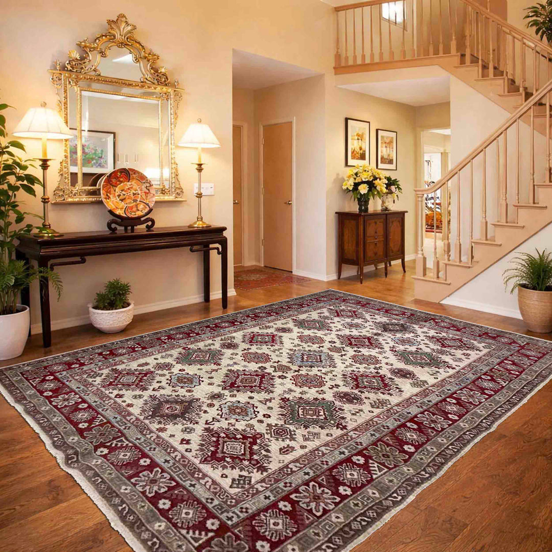 Beige Afghan Kazak Rug 6' 7" x 9' 5" Hand-Knotted | No. AL44541