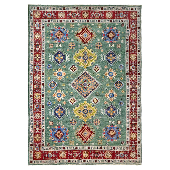 Green Afghan Kazak Rug 6' 9" x 10' 0" Hand-Knotted | No. AL46764