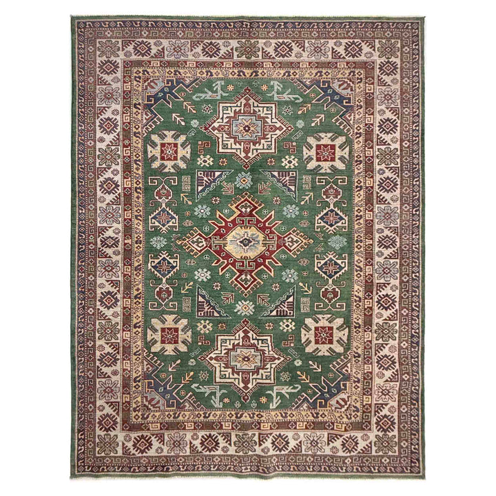 Green Afghan Kazak Rug 6' 6" x 9' 9" Hand-Knotted | No. AL27100