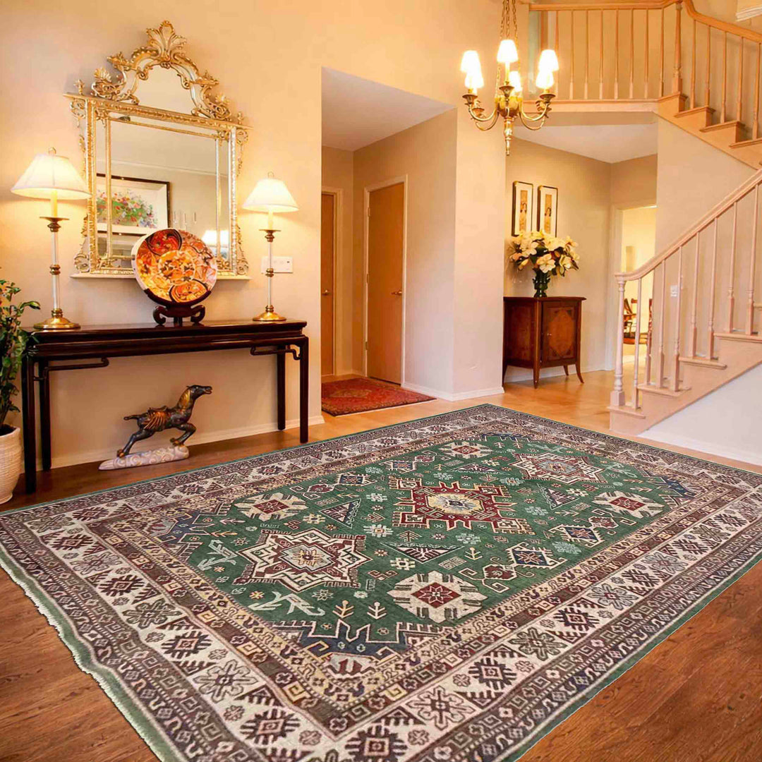 Green Afghan Kazak Rug 6' 6" x 9' 9" Hand-Knotted | No. AL27100