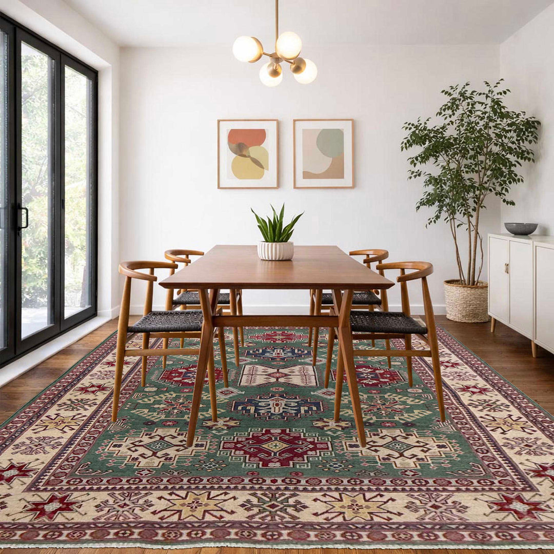 Green Afghan Kazak Rug 5' 9" x 9' 4" Hand-Knotted texture
