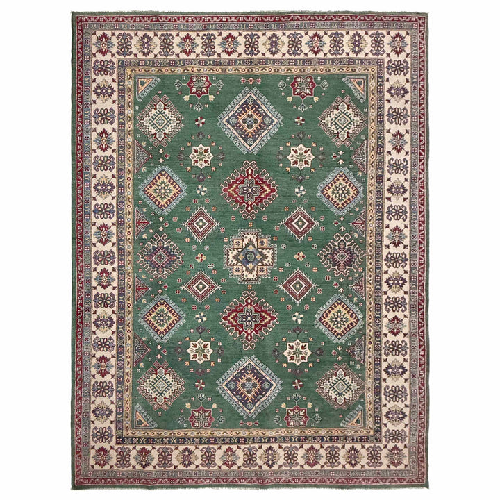 Green Afghan Kazak Rug 6' 9" x 10' 0" Hand-Knotted