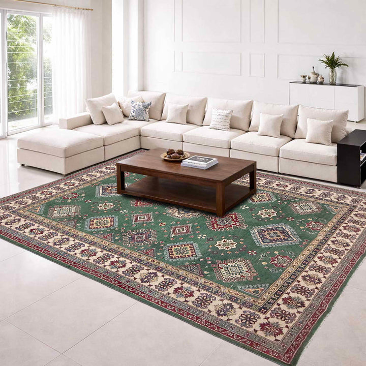 Green Afghan Kazak Rug 6' 9" x 10' 0" Hand-Knotted texture