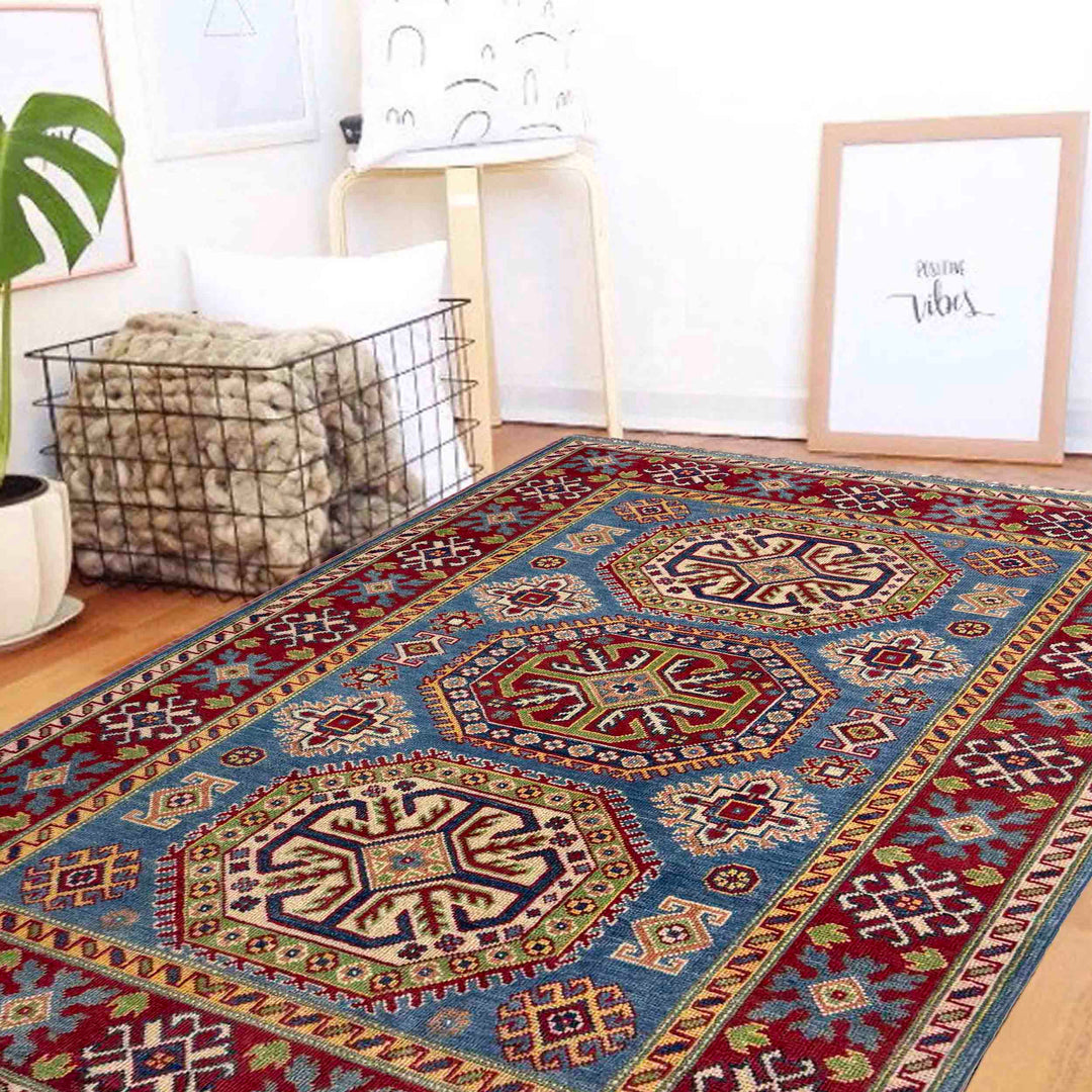 Blue Afghan Kazak Rug 4' 0" x 6' 0" Hand-Knotted reverse