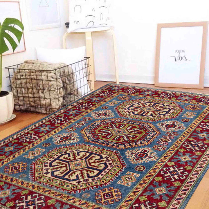 Blue Afghan Kazak Rug 4' 0" x 6' 0" Hand-Knotted reverse