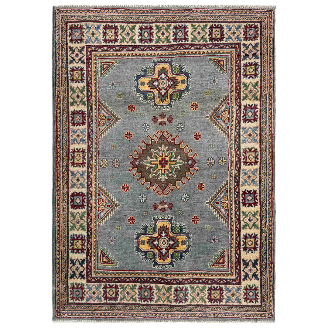 Blue Afghan Kazak Rug 3' 3" x 4' 9" Hand-Knotted