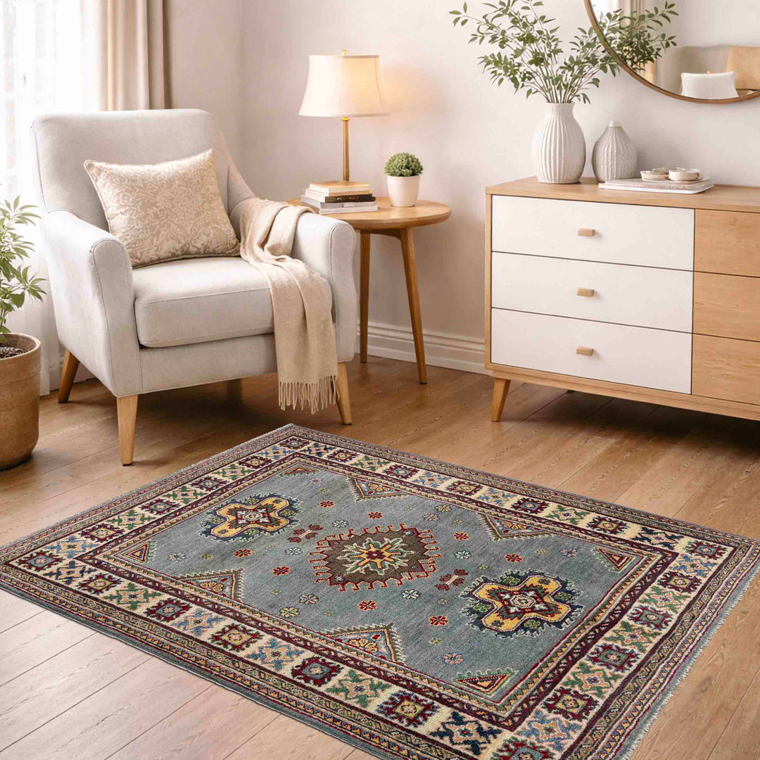 Blue Afghan Kazak Rug 3' 3" x 4' 9" Hand-Knotted reverse