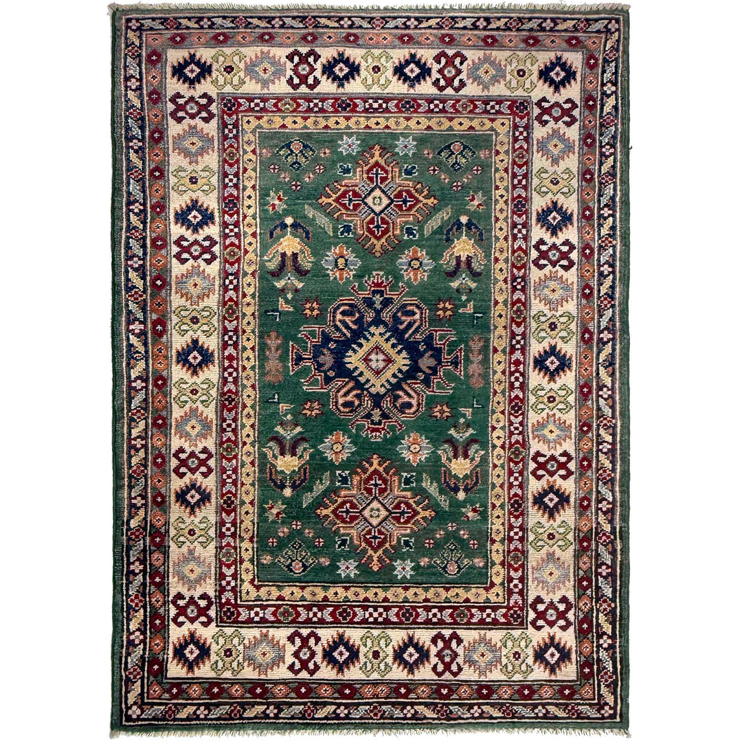 Green Afghan Kazak Rug 3' 1" x 4' 11" Hand-Knotted