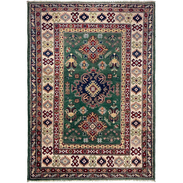 Green Afghan Kazak Rug 3' 1" x 4' 11" Hand-Knotted