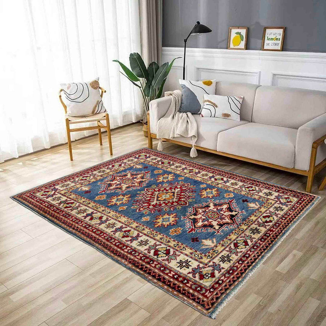 Blue Afghan Kazak Rug 2'6" x 3'11" Hand-Knotted | No. AL43727