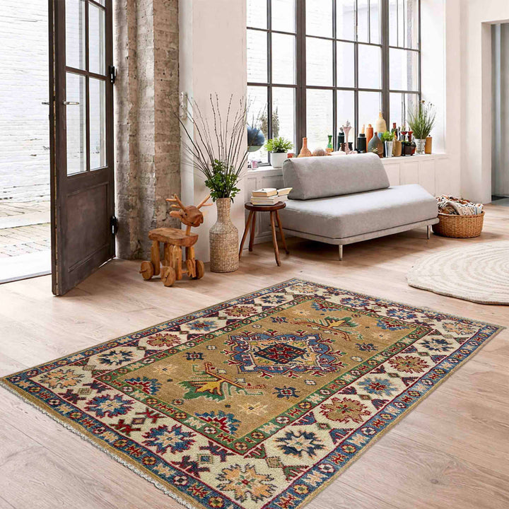 Orange Afghan Kazak Rug 2' 7" x 4' 3" Hand-Knotted reverse