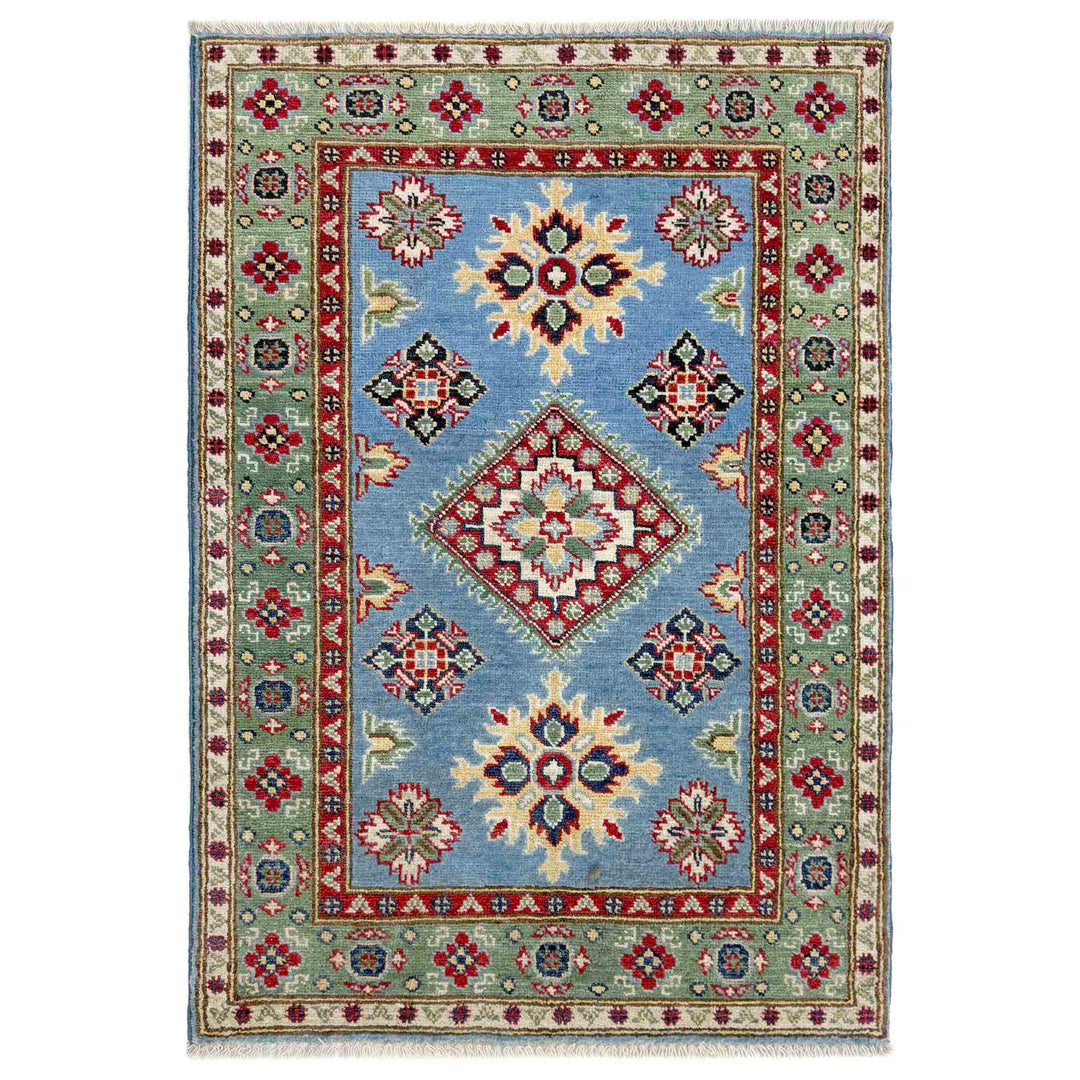 Blue Afghan Kazak Rug 2' 7" x 3' 11" Hand-Knotted