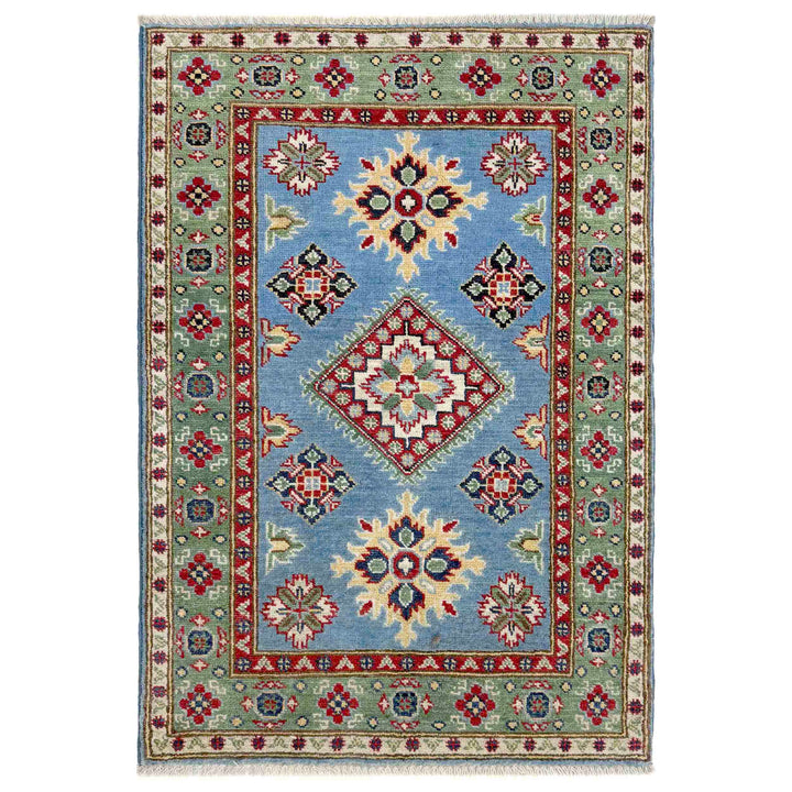 Blue Afghan Kazak Rug 2' 7" x 3' 11" Hand-Knotted