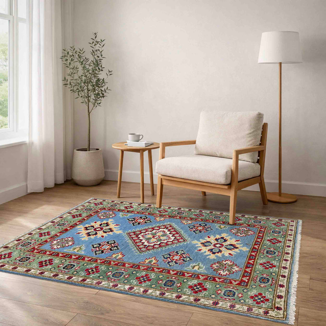 Blue Afghan Kazak Rug 2' 7" x 3' 11" Hand-Knotted reverse