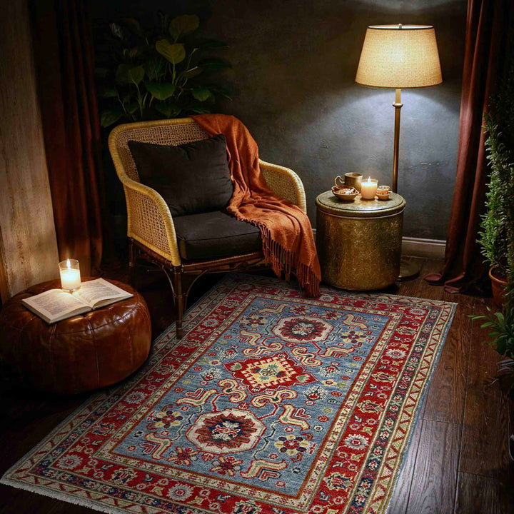 Blue Afghan Kazak Rug 2' 7" x 4' 0" Hand-Knotted reverse