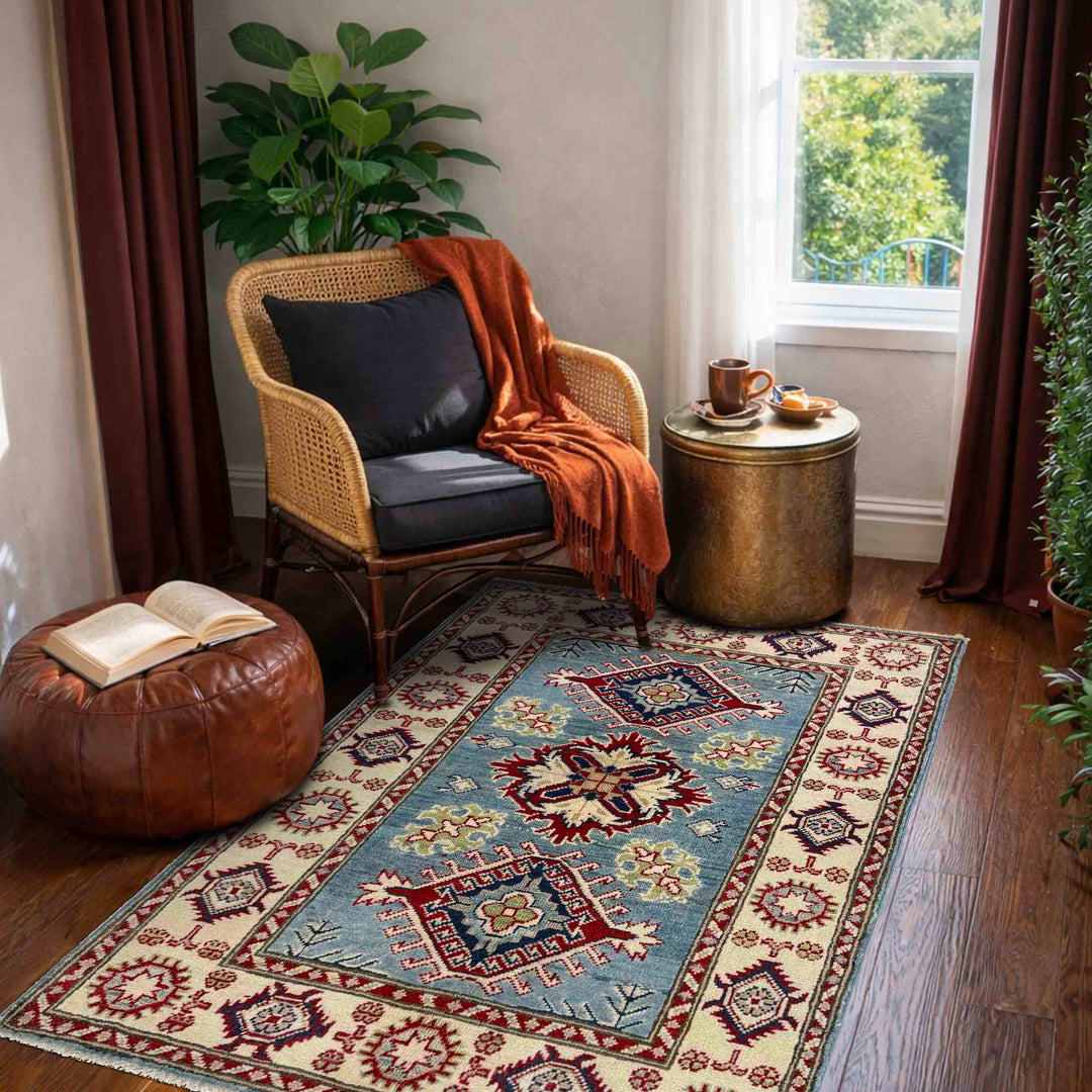 Blue Afghan Kazak Rug 2' 7" x 3' 9" Hand-Knotted | No. AL94200